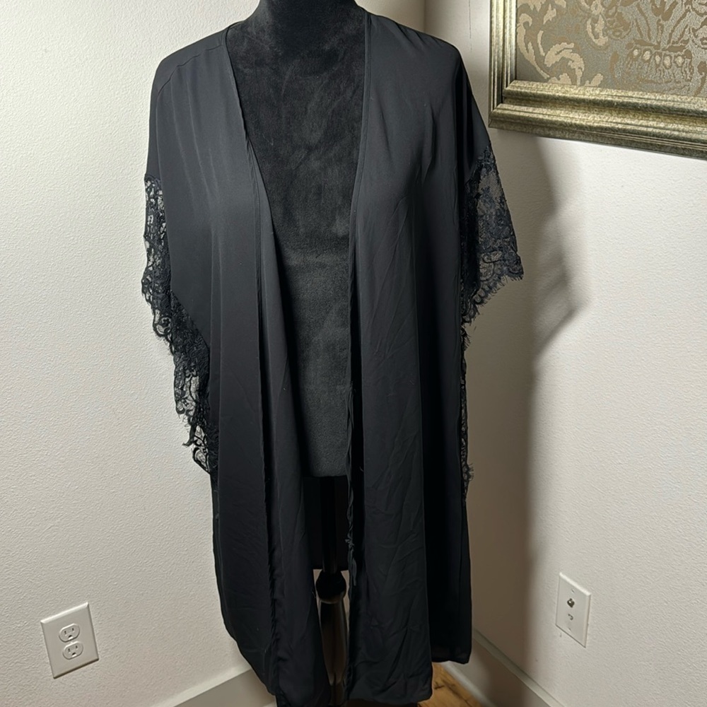 INC international concepts Intimates black mace trim kimono night gown Sz XL